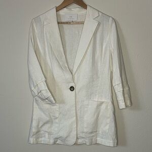 Halston Linen Blazer/Jacket with Tortoise Shell Buttons & Ruched Sleeves